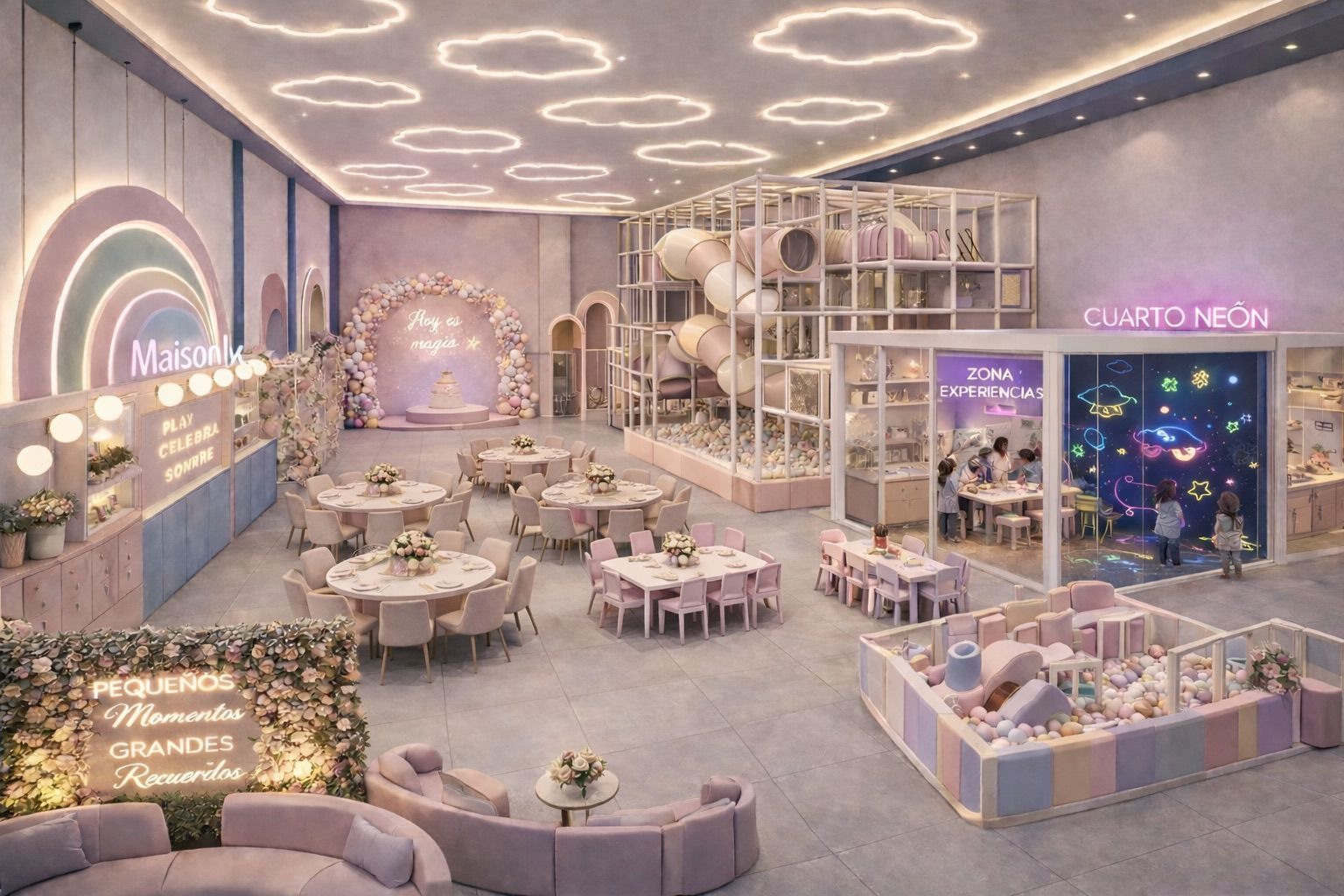 Render de referencia del cliente: venue familiar premium con zonas temáticas y áreas de celebración.